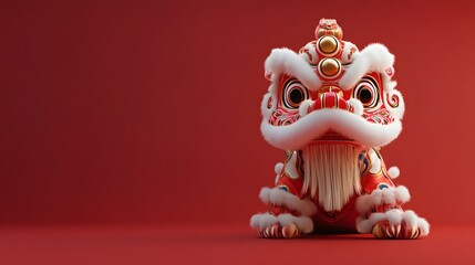 A beautifully crafted lion dance costume with colorful details set against a festive red background for a cultural celebration