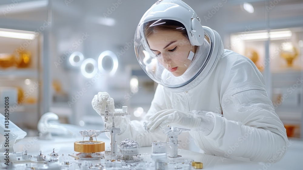 Poster astronaut in a cleanroom setting carefully assembling spacecraft components with precision, highligh
