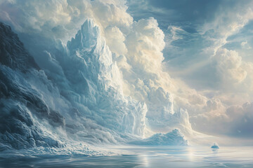 painting of a snowy mountain with a large ice castle in the background. The sky is cloudy and the sun is shining through the clouds
