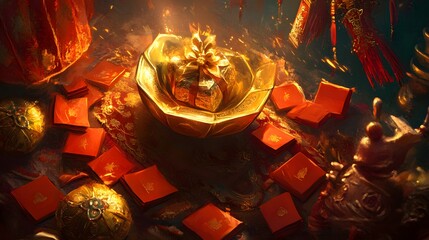 A bright and festive lion dance costume displayed against a rich red backdrop for a joyous celebration