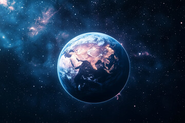 Obraz premium blue and white planet in the middle of the night sky. The planet is surrounded by a lot of stars and the sky is very dark