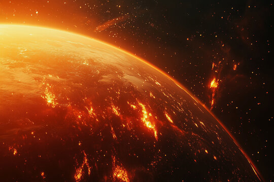 planet with a fiery surface and a bright sun in the background. The planet is surrounded by a lot of stars and the sun is shining brightly