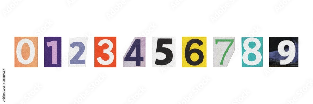 Poster set of cut-out ransom numbers from magazines, isolated digits in retro y2k style on a white backgrou