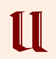 Stylized red gothic letter U in a medieval calligraphy style, bold and angular on a soft beige background. Concept of vintage typography. Vector illustration