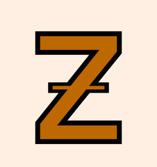 Bold stylized letter Z in dark orange with black outline, flat graphic style, centered on a plain beige background. Concept of typography and alphabet design. Vector illustration