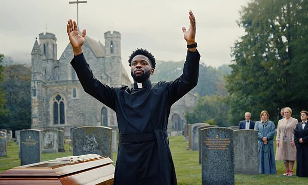 An African-American priest leads a funeral service at a cemetery, offering prayers.