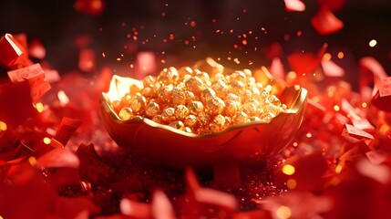 A stunning lion dance costume with bold colors displayed against a vibrant red backdrop for a festive occasion