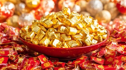 A stunning lion dance costume with bold colors displayed against a vibrant red backdrop for a festive occasion