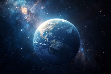 Obraz premium blue and white planet in the middle of a dark sky. The planet is surrounded by a lot of stars and the sky is filled with them