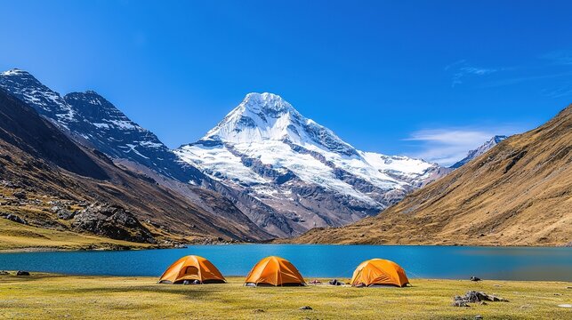 Backpackers camping beside a stunning mountain lake peru adventure photography outdoor setting scenic view