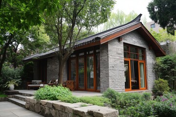 Modern architectural design harmoniously blends with nature in a serene garden setting featuring a cozy home surrounded by lush greenery