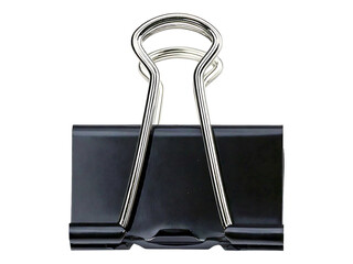 Sleek black binder clip with silver metallic arms, isolated on white.  Perfect for office supplies, organization, or minimalist design projects.