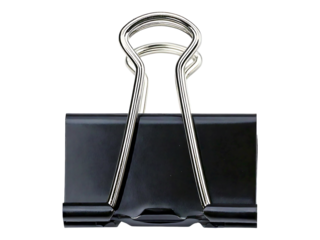 Sleek black binder clip with silver metallic arms, isolated on white.  Perfect for office supplies, organization, or minimalist design projects.