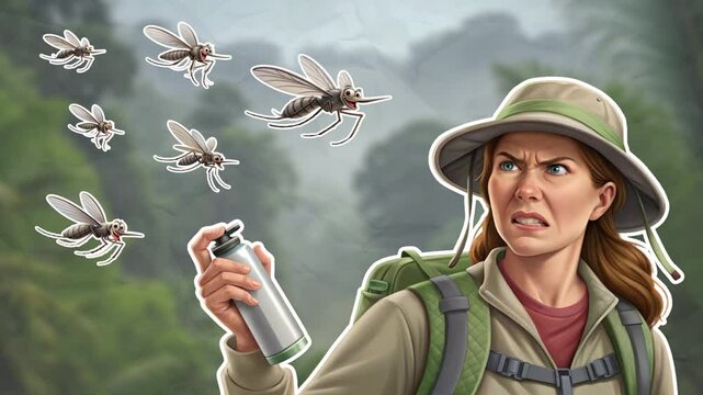 A girl in tourist clothes winced at the sight of mosquitoes and aimed a spray at them. Mosquito protection concept. Smooth animation on color paper background