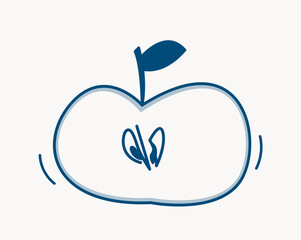 Simple line art of a sliced apple with seeds and stem in minimalist style, drawn using blue outline on a light background. Vector illustration