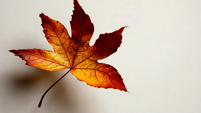 A vibrant, detailed close-up of a colorful autumn leaf on a soft, light background.