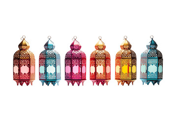 Obraz premium A row of six decorative lanterns in various colors against a solid display on transparent background png