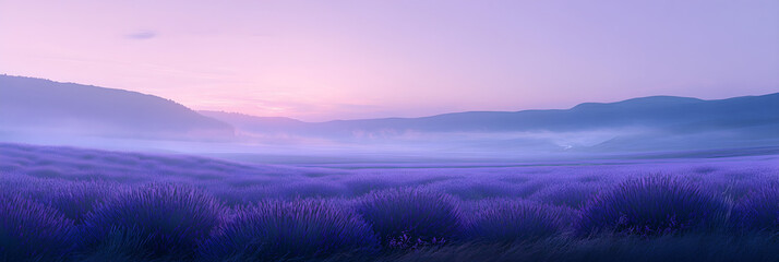 Fototapeta premium Lavender Dreams: A Serene Morning Landscape Awash in Tranquil Violet Tones, Where Nature Embraces the Dawn with Elegance and Calm