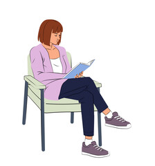 Woman sitting on a chair while reading a book, in minimalist line art style with clean outlines, isolated on white background. Concept of relaxation. Vector illustration