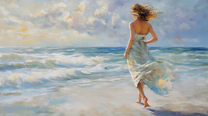 Naklejka premium A carefree woman in a flowy summer dress, strolling barefoot along a serene beach, with the ocean waves gently crashing in the background.