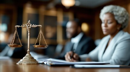 An engaging legal consultation scene featuring lawyers reviewing documents in a sophisticated office setting, emphasizing professional advisory services.