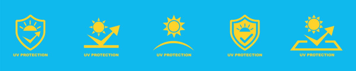 Uv protection vector icons set. Protection from sun radiation and ultraviolet. Shield from sun.