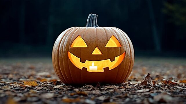 Jack-o'-Lantern: A glowing jack-o'-lantern sits amidst fallen leaves, casting a warm light against the dark, foreboding background. Capturing the essence of Halloween.