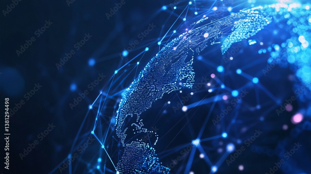 Poster digital globe with connected dots and lines representing global network technology in blue hues