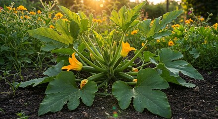Fototapeta premium Zucchini plant blooming with yellow flowers in a sunny garden 