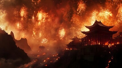 Obraz premium Explosive fireworks light up the night sky above a Chinese temple creating a stunning visual show