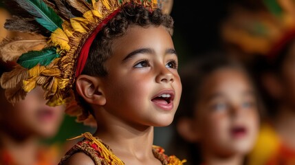 Fototapeta premium Children showcasing their talent and creativity in a vibrant performance with colorful costumes and expressive expressions during community theater.
