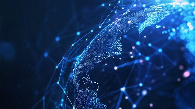 Digital globe with connected dots and lines representing global network technology in blue hues