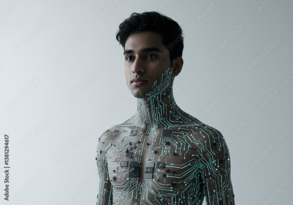 Poster man with electronic circuits on body for future tech. conceptual cyberpunk style portrait for artifi