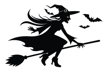 Silhouette Witch Flying Broomstick Bats. Halloween Spooky Icon on White Background