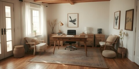 Minimalist Scandinavian home office with natural light, sleek furniture, and cozy textures. A serene and functional workspace with clean lines and modern decor