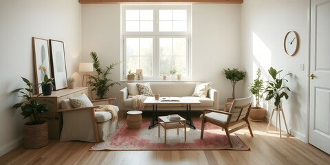 Minimalist Scandinavian home office with natural light, sleek furniture, and cozy textures. A serene and functional workspace with clean lines and modern decor