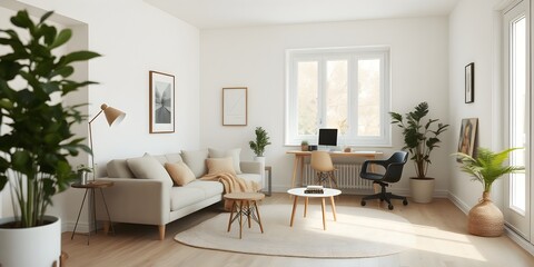 Minimalist Scandinavian home office with natural light, sleek furniture, and cozy textures. A serene and functional workspace with clean lines and modern decor