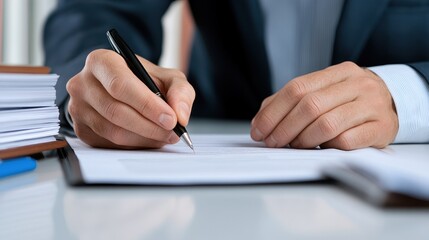 Close-up of a lawyer's hands signing documents, emphasizing the importance of business contracts in legal proceedings and decision-making processes.