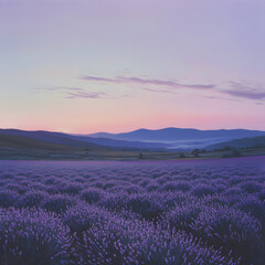 Lavender Dreams: A Serene Morning Landscape Awash in Tranquil Violet Tones, Where Nature Embraces the Dawn with Elegance and Calm
