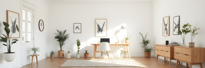 Minimalist Scandinavian home office with natural light, sleek furniture, and cozy textures. A serene and functional workspace with clean lines and modern decor