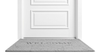Elegant modern white front door with architectural details  gray welcome mat with embossed lettering isolated on white