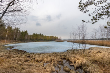 A lake with a cloudy sky in the background