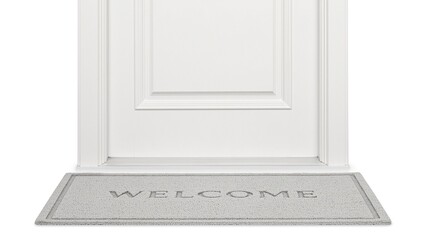 Elegant modern white front door with architectural details  gray welcome mat with embossed lettering isolated on white