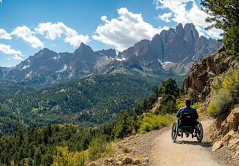 Person in wheelchair enjoying mountain and autumn forest view under bright sunny sky, few clouds