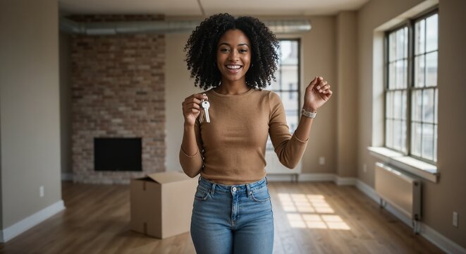 Happy African American woman celebrating new home ownership in bright empty room   - Powered by Adobe