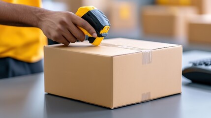 Closeup of a man's hand scanning a cardboard box with a barcode reader, preparing it for shipment in an e-commerce environment.