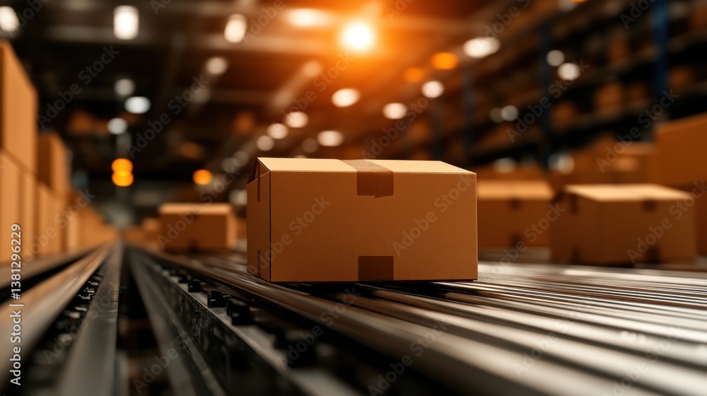 Poster efficient preparation of cardboard boxes on a conveyor belt for shipment in an e-commerce warehouse 