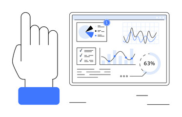 Hand gesture interacting with digital dashboard displaying pie charts, line graphs, bar charts, and analytical data. Ideal for analytics, business, tech, web, productivity data visualization flat