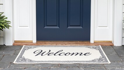 Classically elegant navy front door with paneling adorned with a tasteful welcome mat featuring an intricate border and stylish script