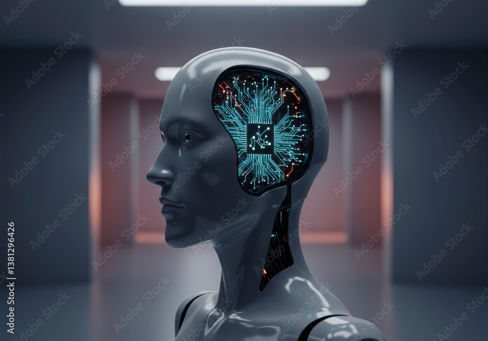 Poster mannequin with digital brain for artificial intelligence concept. cybernetics technology, new era, f